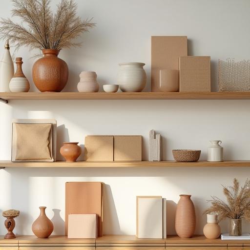 선반 위에 진열된 도자기와 수공예 노트