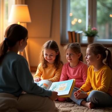 아이들이 그림책 낭독을 듣고 있는 모습