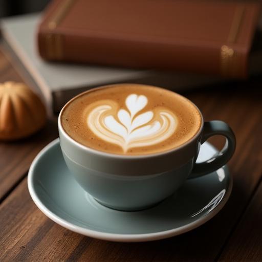 책 옆에 놓인 아름다운 라떼 아트 커피잔